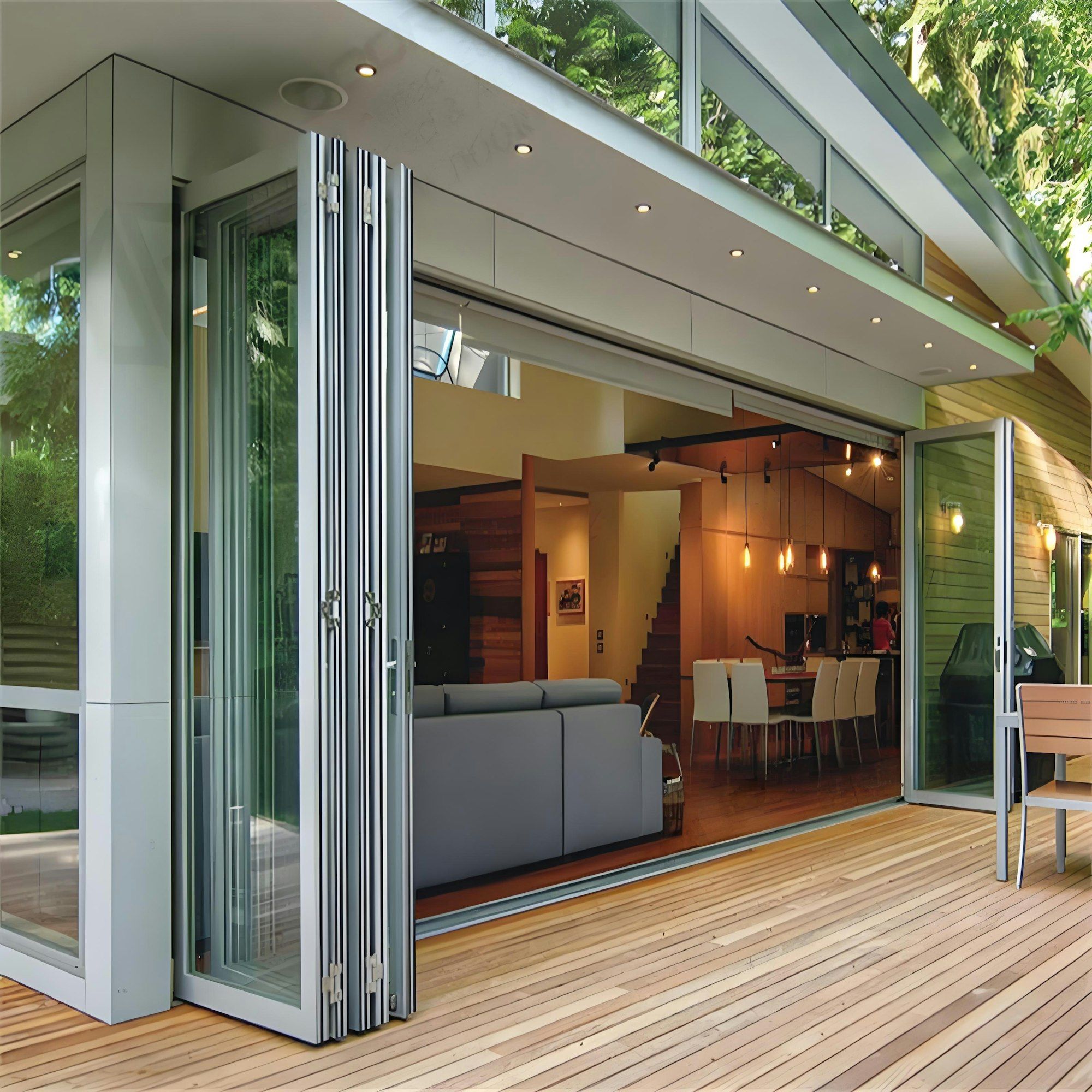 Family room addition with folding glass doors opening onto a cedar deck