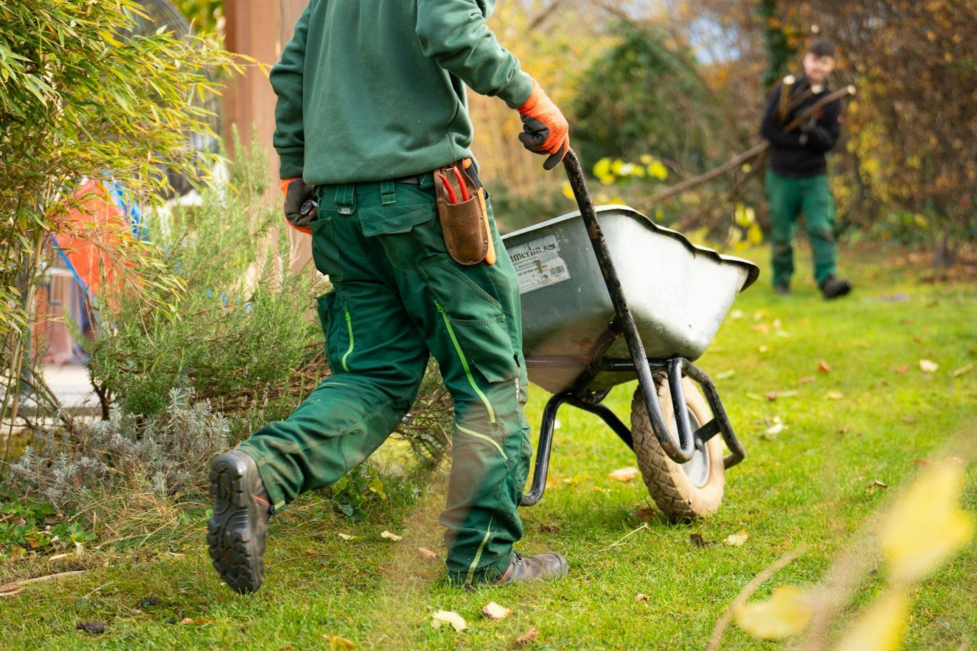 Crew member in green work clothes pushing a wheelbarrow across a lawn