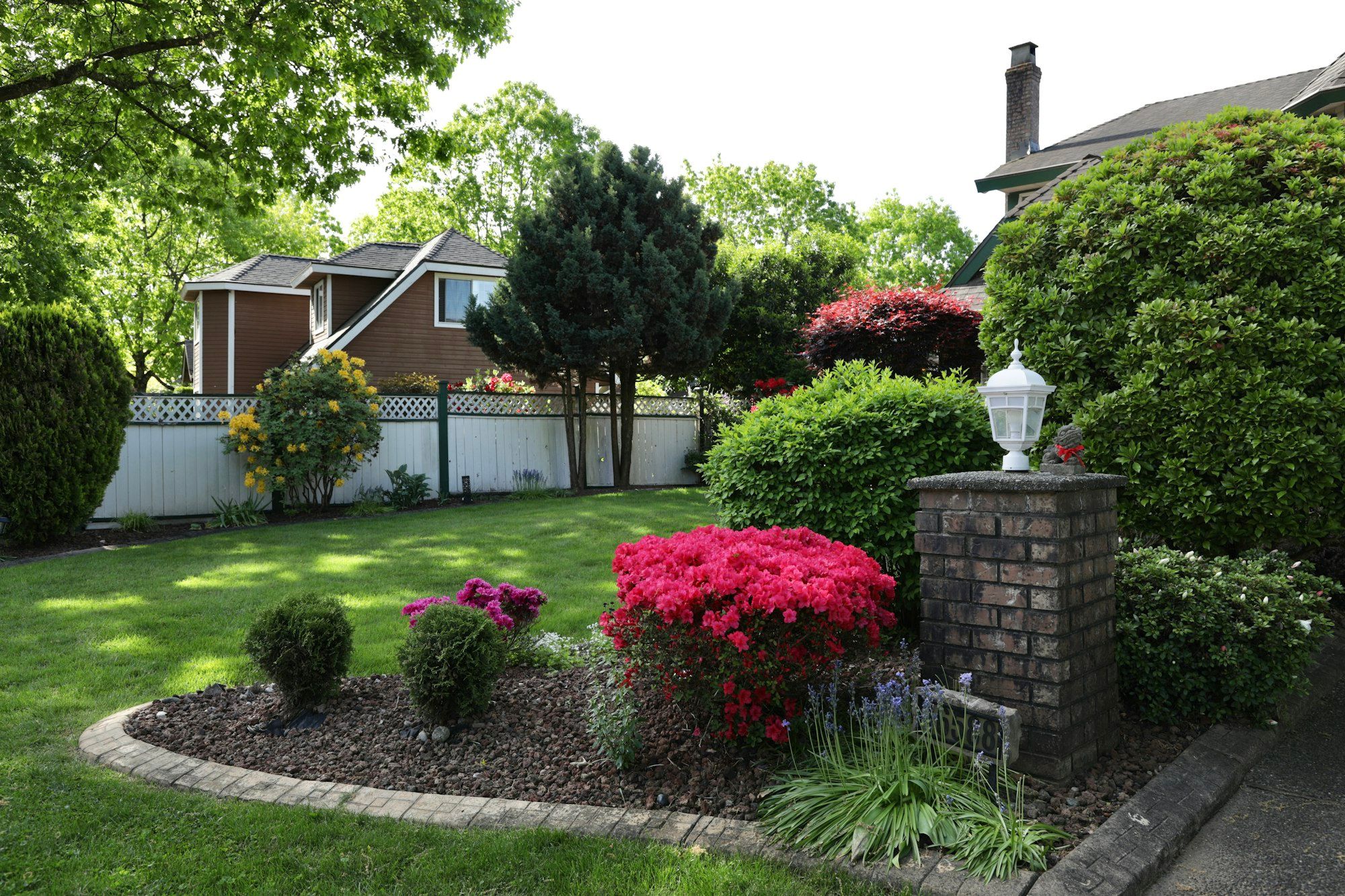 Front yard bed with azaleas, boxwood and a brick pier lamp, edged with brick
