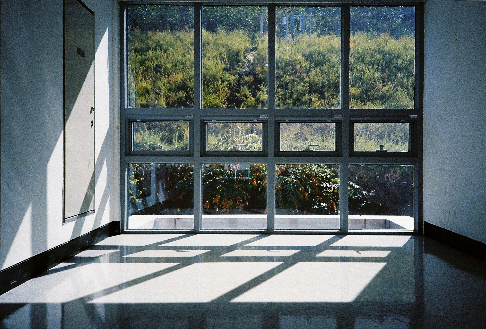 The same window wall after cleaning, with clear glass and sunlight across the floor