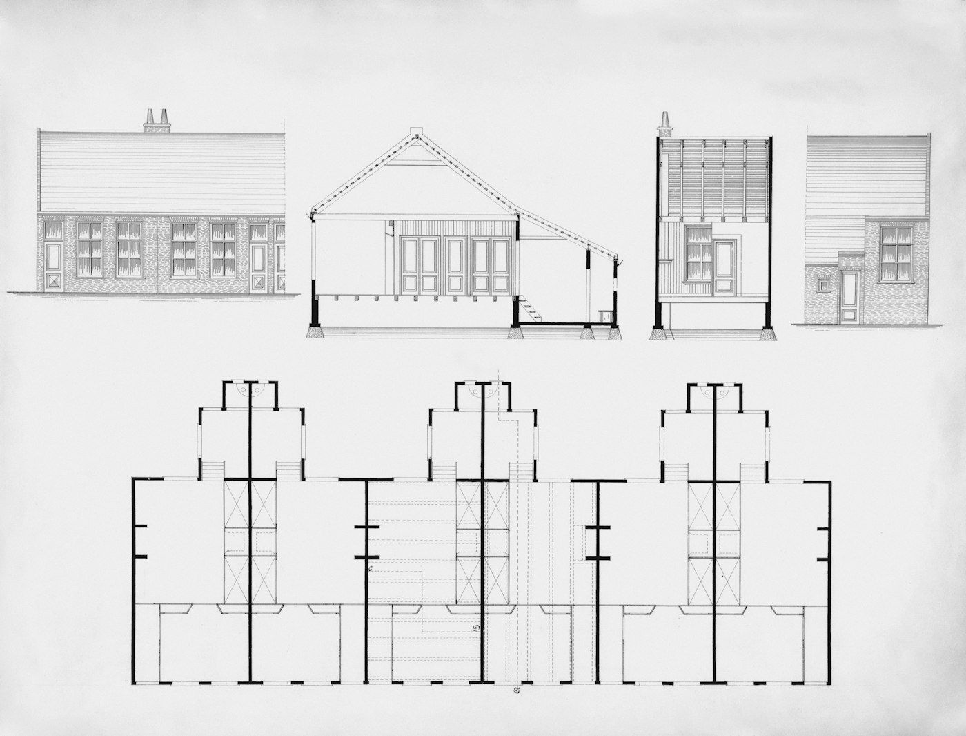 Architectural elevations and floor plans of a house