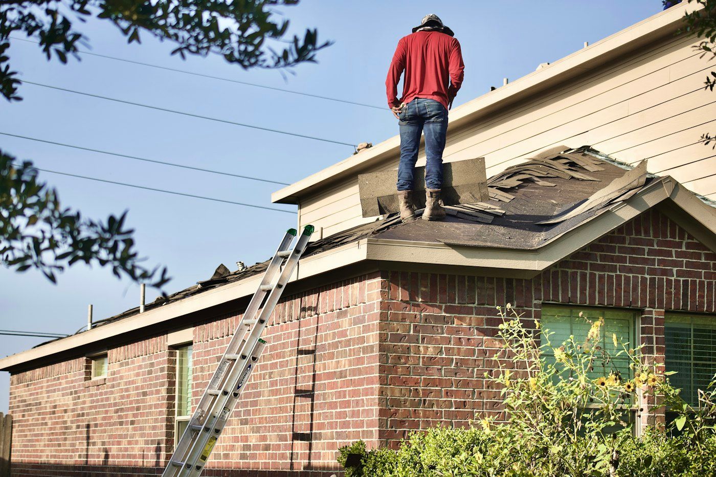 Roofer standing on a hail-damaged roof during a tear-off, ladder against the brick wall